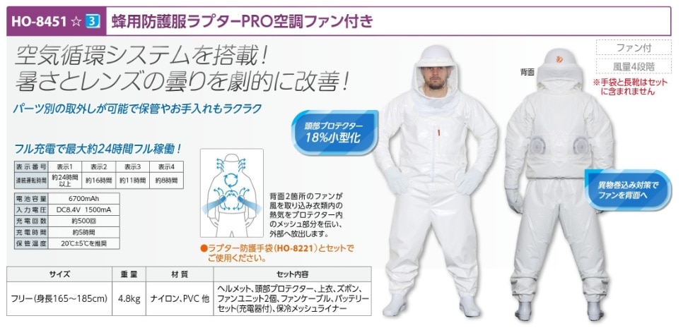 蜂用防護服ラプターＰＲＯ空調ファン付き