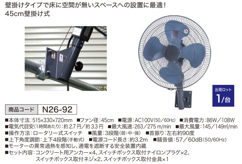 NAKATOMI 45cm 工場扇壁掛扇